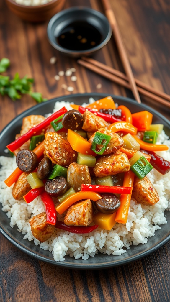 Plate of stir-fried chicken with vegetables and rice, garnished with sesame seeds on a wooden table.
